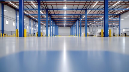 A spacious modern warehouse boasts a clean polished floor, bright LED lighting, and vibrant blue support columns creating a highly efficient and organized industrial workspace.