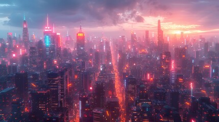 Fototapeta premium Aerial View of Neon Lit Cityscape at Sunset with Cloudy Sky