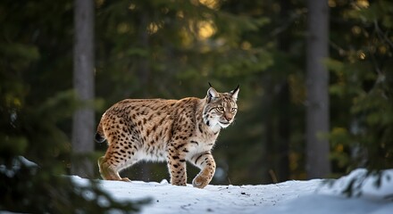 Obraz premium A beautiful lynx walking in the snowy forest looking around