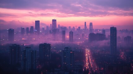 Fototapeta premium City skyline at dusk enveloped in a soft purple haze