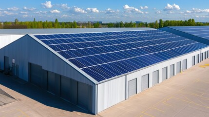 A large industrial building with a newly installed solar panel system on its roof generates clean renewable energy on a sunny day.