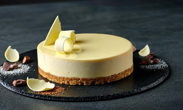 Elegant white chocolate cheesecake with cookie crust on slate platter