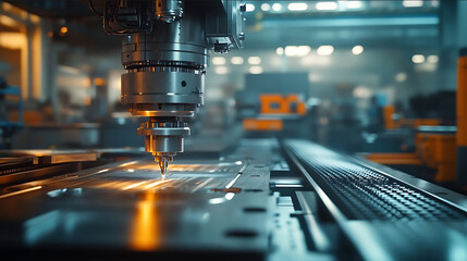 Manufacturing workshop gantry milling machine commercial shot extremely detailed realistic 4K grand layout metallic texture cool tones wideangle shot natural light h