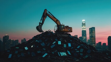 Excavator, Garbage, city skyline with skyscrapers. environment pollution