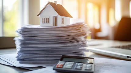 Financial papers and binders are stacked in order on a clean desk, with a calculator and pen nearby, as they await a mortgage loan decision