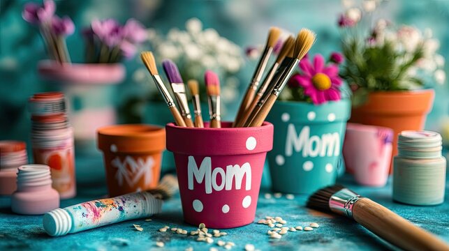 A soft-focus image of handmade mini terracotta pots customized with "Mom" stencils and painted bright pastel hues