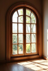 Fototapeta premium Elegant curved wooden window frame, natural light streaming through, timber frame, arched window, rural