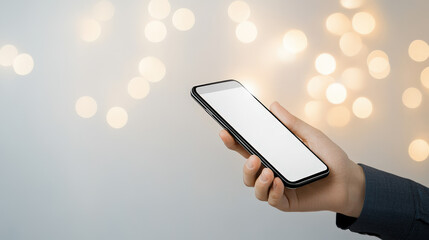 Hand holding smartphone with glowing background lights  