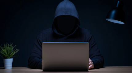 Hacker in dark hoodie working on laptop in low light  
