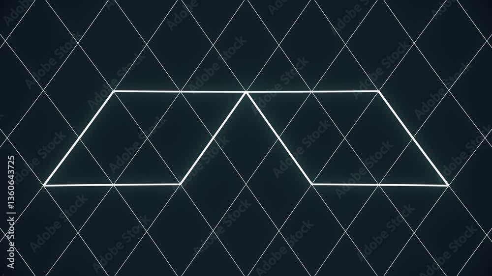 Poster Digital loop animation of the transformation of the contours of white rectangles arranged on a background of thin luminous lines forming a grid of rhombuses. Symmetrical composition. 3d rendering 4K