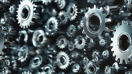 wall full of photo realistic shiny metal silver gears interlinked photo realism ray tracing