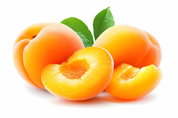 Ripe apricots, cut and whole, on white