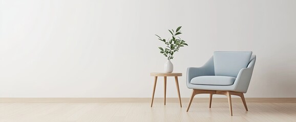 Simple light-filled living space with light blue armchair and wooden side table