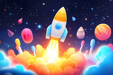 Rocket launching through colorful cosmos