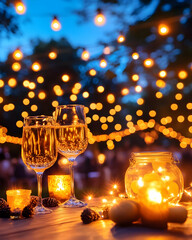 Romantic evening, wine glasses, lights, garden party