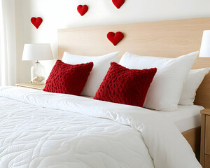 Romantic bedroom, white bedding, red hearts decor