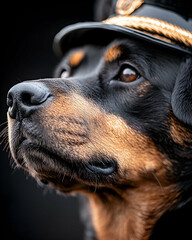 Rottweiler dog wearing military cap, portrait, dark background