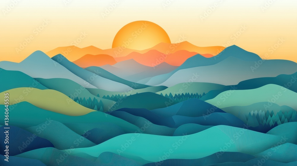 Poster stunning paper art landscape featuring layered mountains and a rising sun with pastel gradients and 