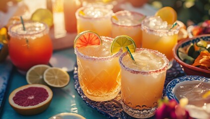 A vibrant and colorful fiesta setting with various margaritas on the table, surrounded by people enjoying their drinks under the bright sunlight Generative AI