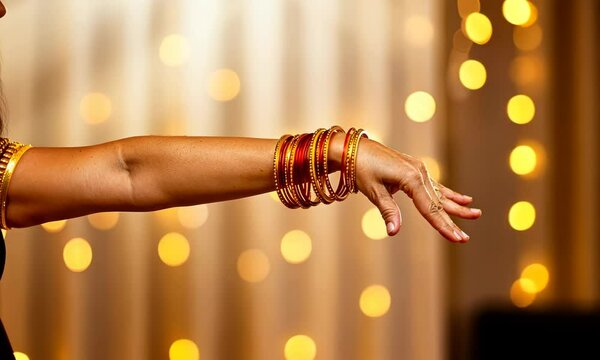Close-up of woman's arm in traditional bangles against bokeh lights, celebrating festival