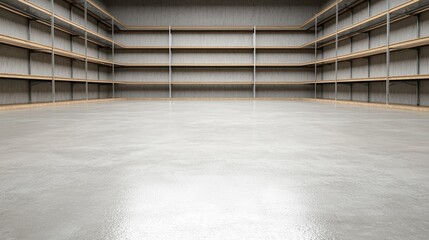 A spacious empty warehouse interior features numerous empty metal shelving units against a polished concrete floor ideal for storage and logistics concepts.