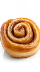 A freshly baked cinnamon pastry with a glossy sugar glaze. The simple, elegant presentation emphasizes its rich, buttery layers and comforting sweetness.