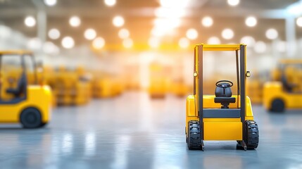 A yellow forklift sits in a large warehouse amongst many other forklifts ready for work in a busy distribution center.