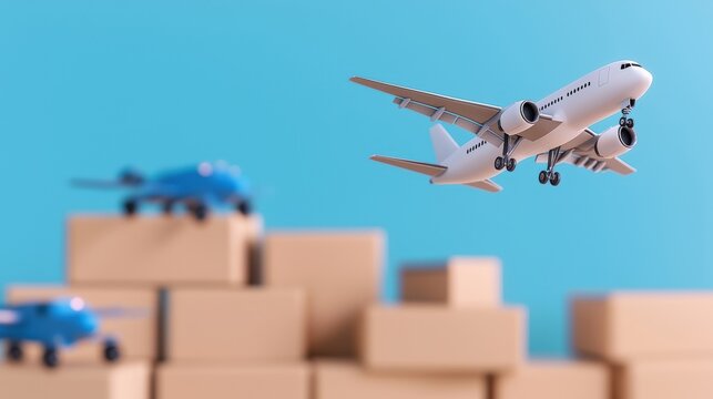 A white airplane model soars above numerous cardboard boxes representing efficient air freight and global shipping solutions for e commerce businesses.