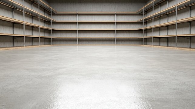 A spacious empty warehouse interior features numerous empty metal shelving units against a polished concrete floor ideal for storage and logistics concepts.