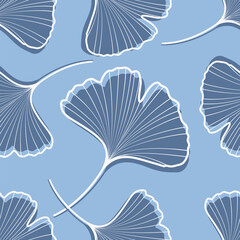 Seamless pattern of ginkgo biloba leaves in soothing blue tones. Floral stylish background. Textile, fabric, wrapping paper design.	
