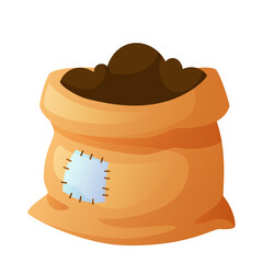 Canvas bag with compost, open sack with soil. Garden, agricultural illustration. Vector illustration of a bag with soil on a white background.