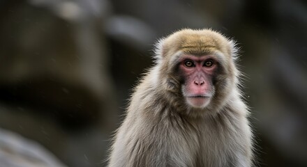 Obraz premium An alert snow monkey looks directly at the viewer with intensity