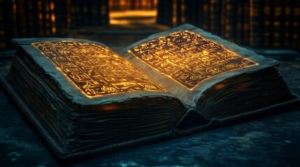 An ancient book with cryptic symbols glowing on its open pages in a dark library