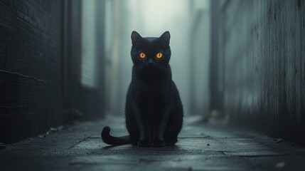 Black cat with glowing eyes sitting stoically in a dark alley, surrounded by fog