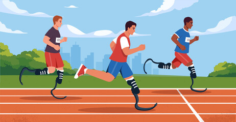 Obraz premium Athletes with prosthetic legs racing. Vector illustration