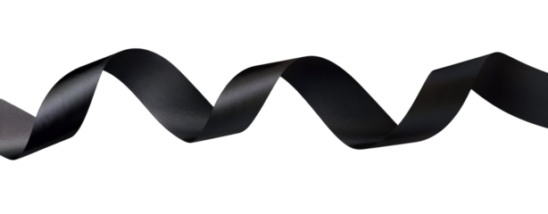 black textured satin ribbon curled in wave pattern on transparent background, subtle grain. Png