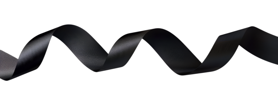 black textured satin ribbon curled in wave pattern on transparent background, subtle grain. Png