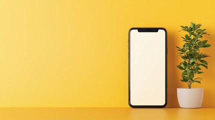 A modern smartphone with a blank screen stands upright on a yellow surface next to a small potted plant against a bright yellow background providing ample copy space for your