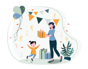 Mother giving gift to child at party. Vector illustration