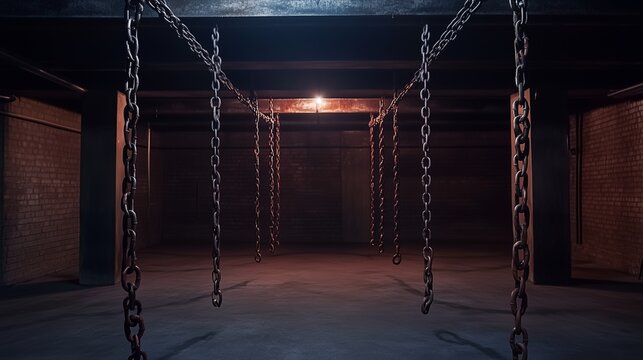 Dark basement with chains hanging from the ceiling, softly swinging in a cold breeze