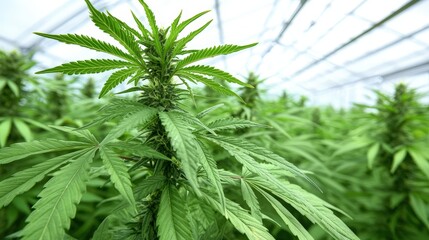 A lush cannabis plant thrives in a modern greenhouse environment surrounded by other healthy marijuana plants under bright artificial lights.