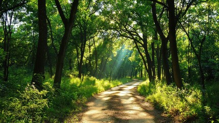 Fototapeta premium Tranquil wooded trail with golden sunlight filtering through the vibrant green canopy.