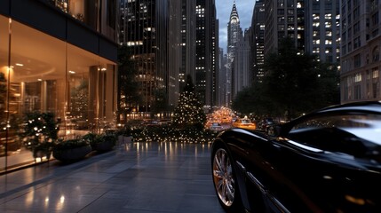 City street at night, illuminated with warm lights,  luxury hotel, car