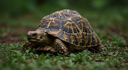 Fototapeta premium A Large Tortoise Walks Slowly on Grass With Textured Shell
