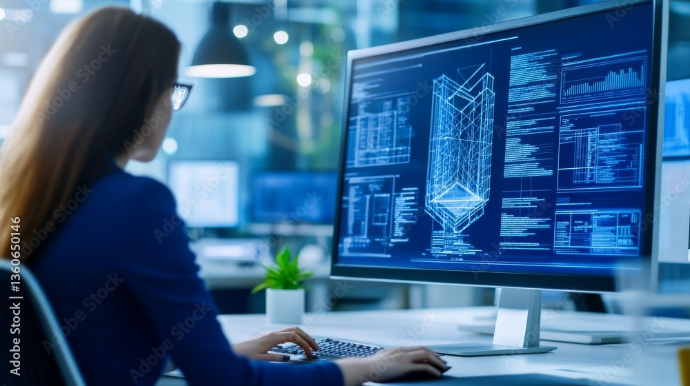 Poster woman analyzing complex data visualizations on a large monitor in a modern office setting