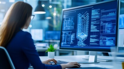 Woman analyzing complex data visualizations on a large monitor in a modern office setting
