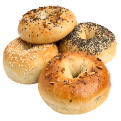 Assorted bagels close up view transparent background