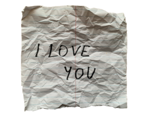 Crumpled full notebook paper with blue lines, red margin, and handwritten I Love You message on transparent background