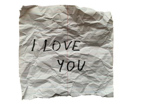Crumpled full notebook paper with blue lines, red margin, and handwritten I Love You message on transparent background