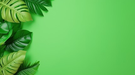 Lush green tropical leaves arranged on a vibrant green background creating a visually appealing and refreshing natural border perfect for summer designs and ing projects.
